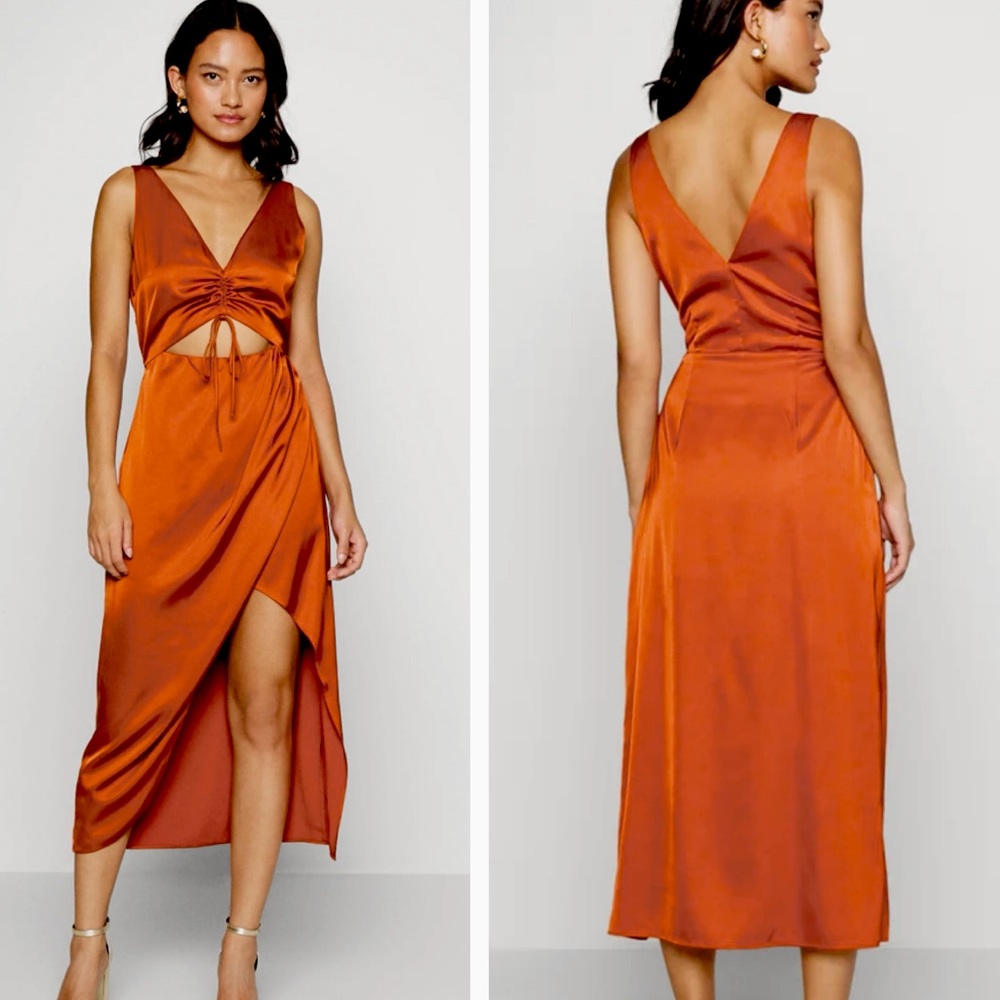 Abercrombie & Fitch • Cinch Front Satin Sleeveless Midi Dress in Paprika